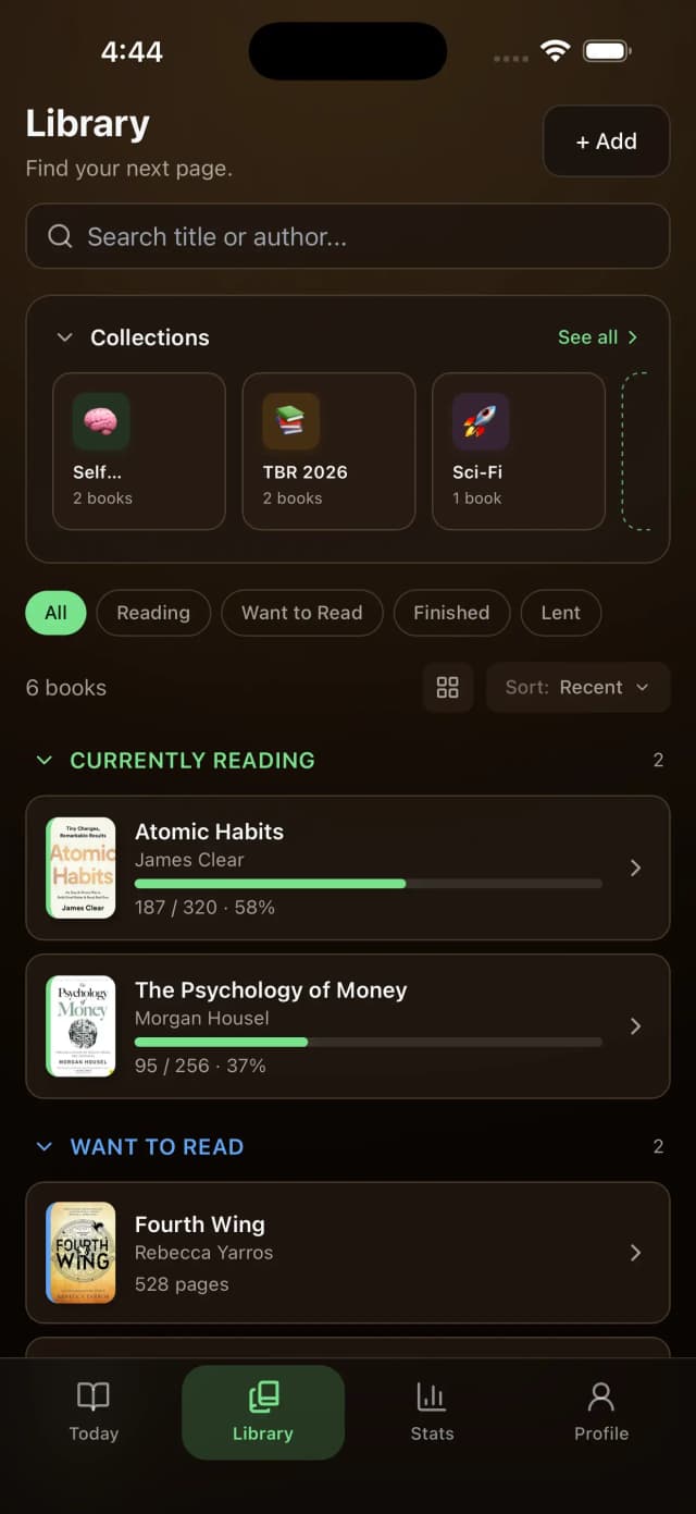 ReadBrew library screen showing book collections, status filters, and reading progress for each book