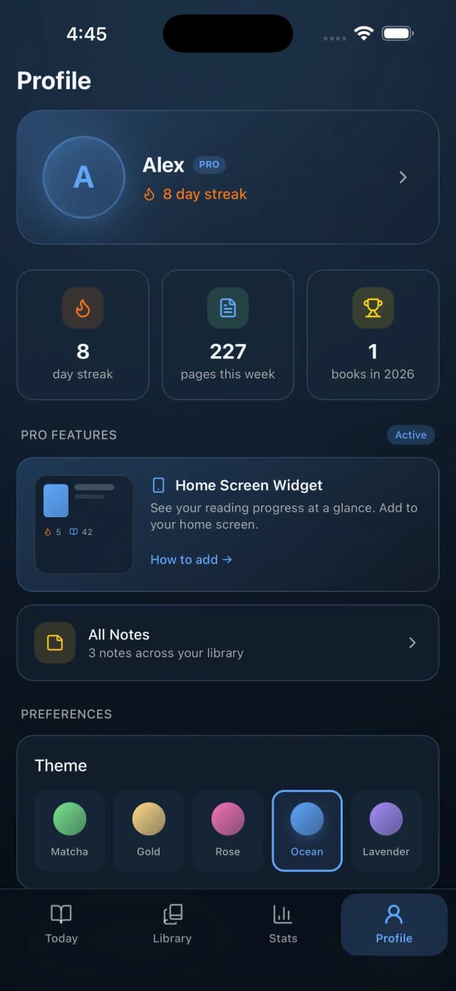 ReadBrew profile screen showing theme personalization with Matcha, Gold, Rose, Ocean, and Lavender options